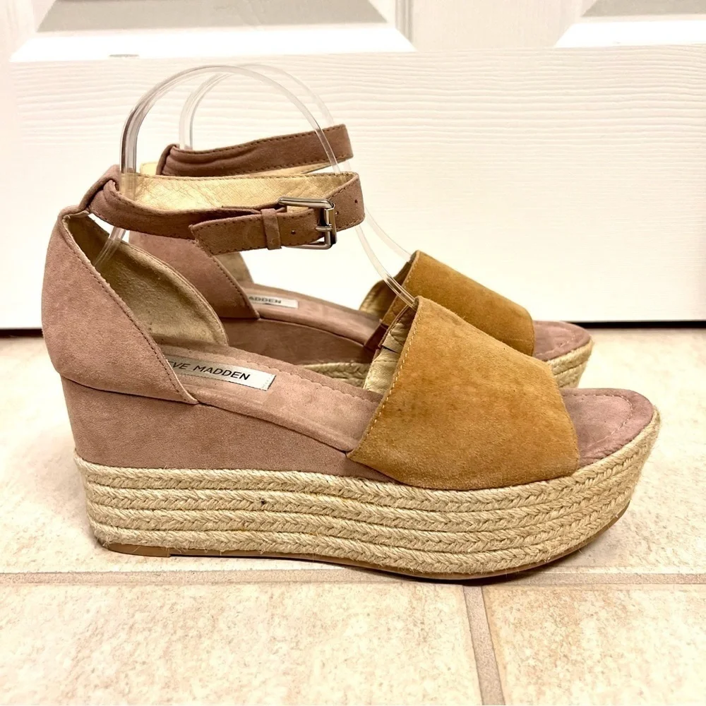 Steve Madden Apollo Suede Leather Espadrille Platform Sandals Gold Tan Boho 9M